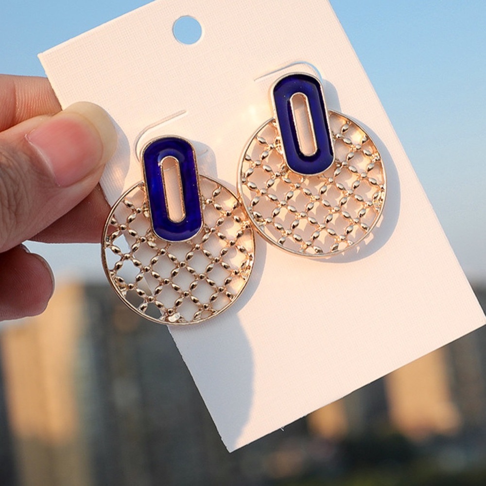 2/$20! Gold Lattice Stud Earrings w/Blue Enamel - Picture 4 of 8
